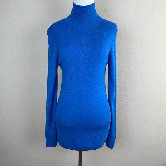 Ann Taylor Turtleneck Sweater L Blue Cashmere Blend Long Sleeve Lightweight Slim - Picture 1 of 8